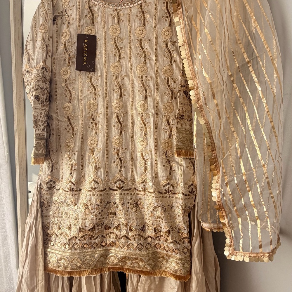 Sharara suit Gold and Cream Embroidered Dress 3 pc